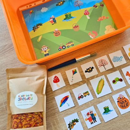 Sensorik SPiel Herbst PDF Vorlage für Regenbogenreis Spielvorlage für sensorische Materialien Suchbild Wimmelbild Sensory Play zum Ausdrucken als Schüttspiel