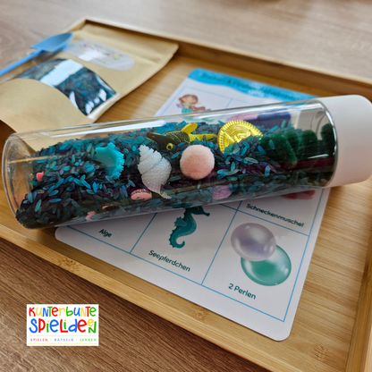 Sensorik Spiel Ozean für Kinder: Sensorikflasche mit Reis als ruhige Beschäftigung im Wartezimmer und Restaurant
