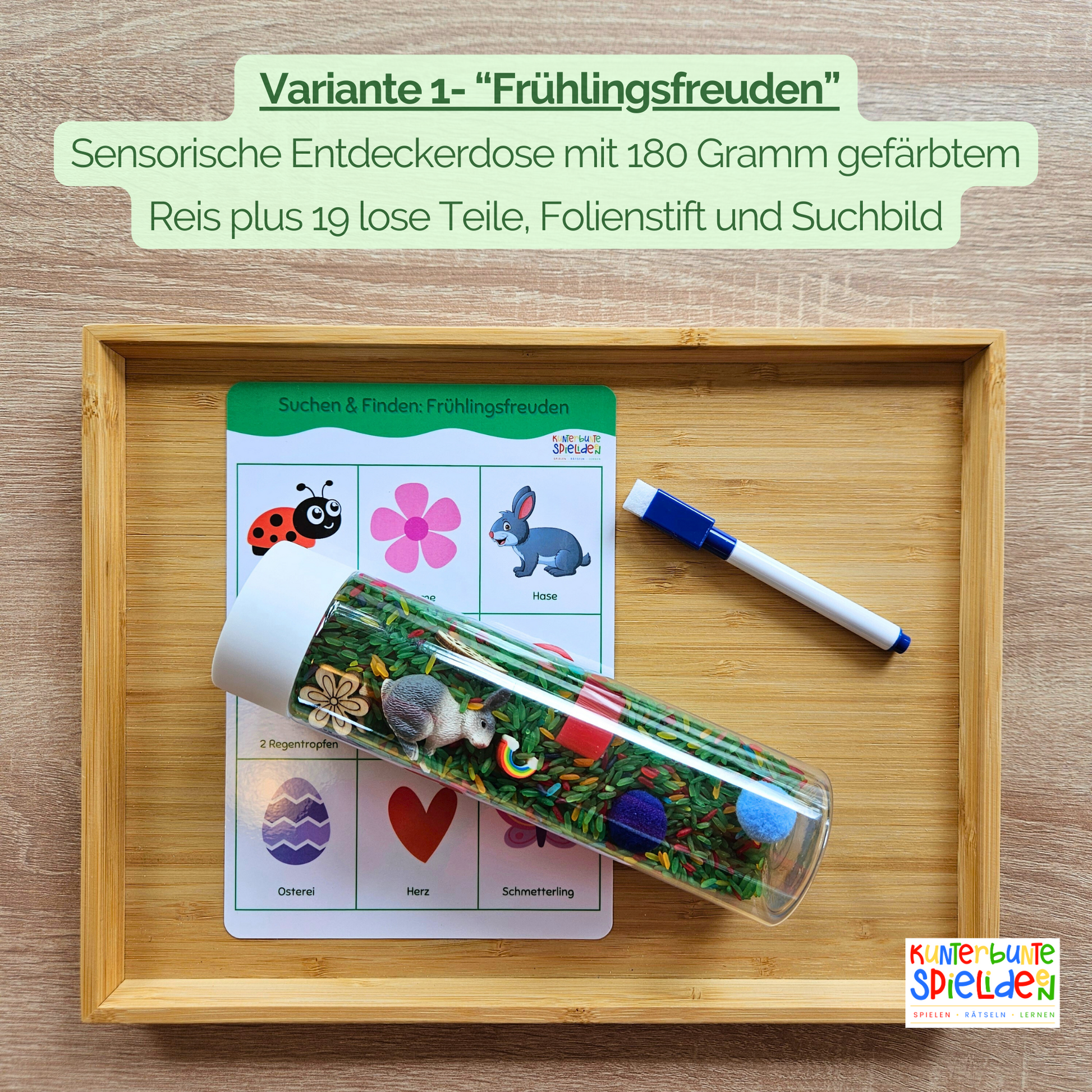 Sensorikflasche Frühling als Beschäftigung im Restaurant und unterwegs, Sensory Bottle mit Reis und Suchbild zum Abhaken