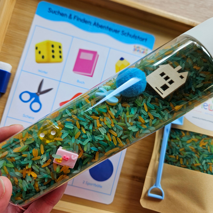 Wartezimmer Beschäftigung Kinder: Sensorikflasche Schulstart mit Reis, Suchspiel mit Suchbild zum Abhaken