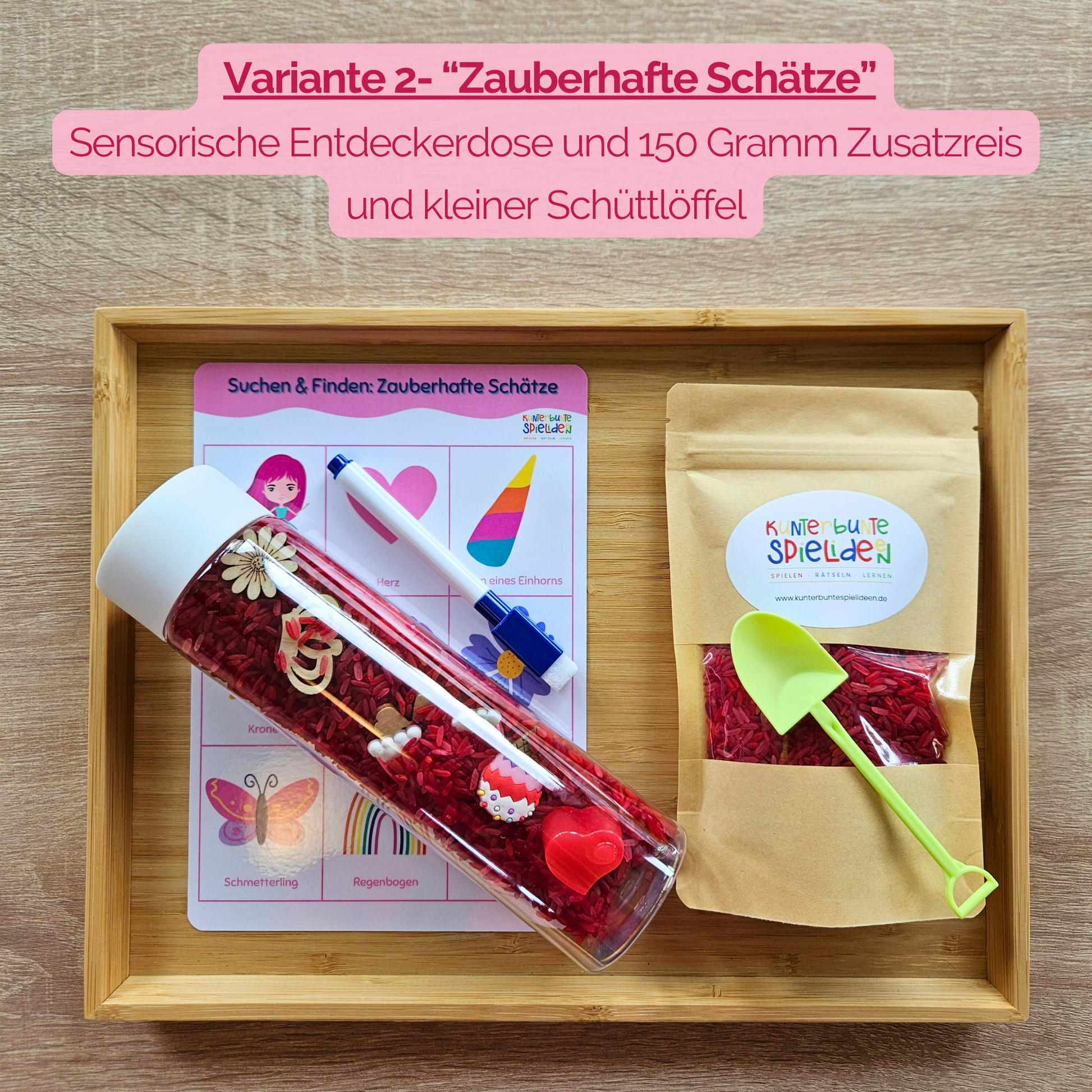 Sensorikflasche mit sensorischem Reis: bunte Schätze suchen und auf dem folierten Suchbild abhaken, ab 3 Jahren