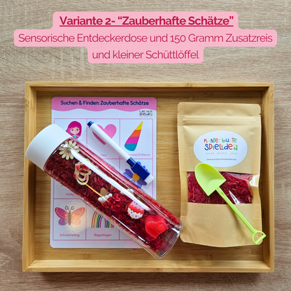 Sensorikflasche mit sensorischem Reis: bunte Schätze suchen und auf dem folierten Suchbild abhaken, ab 3 Jahren