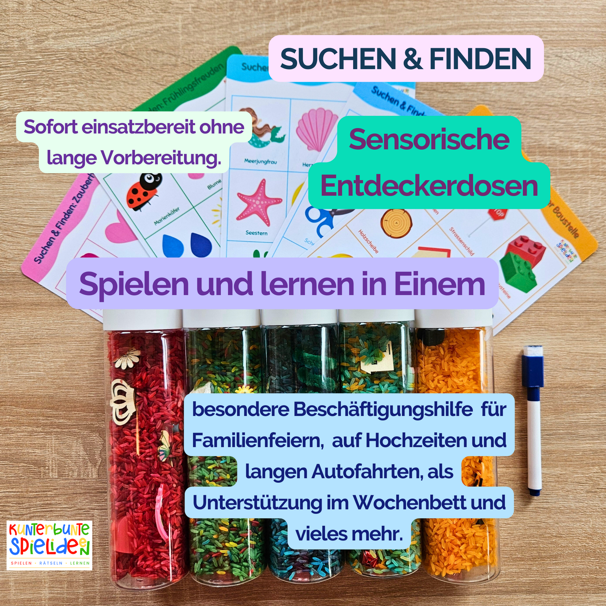 Sensorikflasche mit sensorischem Reis, Buch und Stift als Motive, Suchspiel mit Suchbild zum Schule spielen