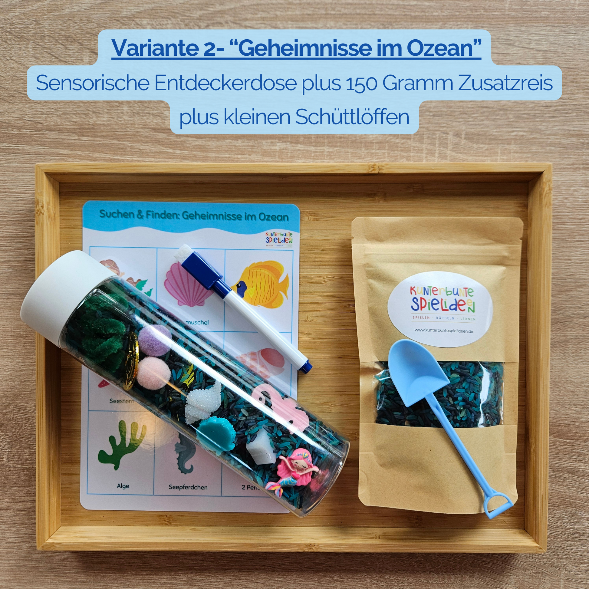 Sensorische Spiele Kindergarten: Sensorikflasche Ozean als Station, Suchbild zum Abhaken und Reis in Meeresfarben