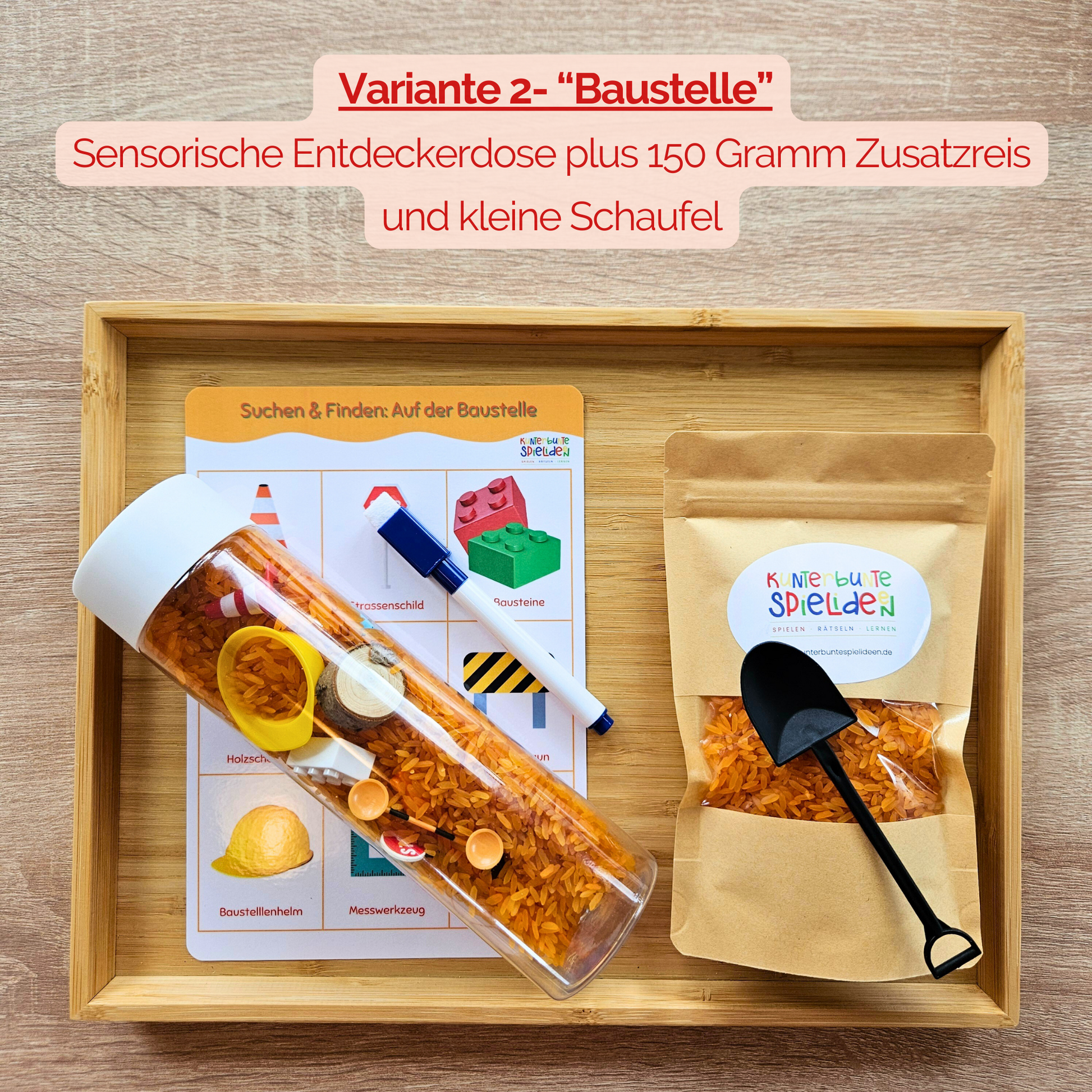 Sensorisches Spiel mit Reis in der Sensorikflasche, Suchspiel mit Suchbild Baustelle für Zuhause und Kita
