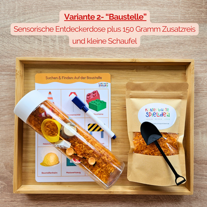 Sensorisches Spiel mit Reis in der Sensorikflasche, Suchspiel mit Suchbild Baustelle für Zuhause und Kita