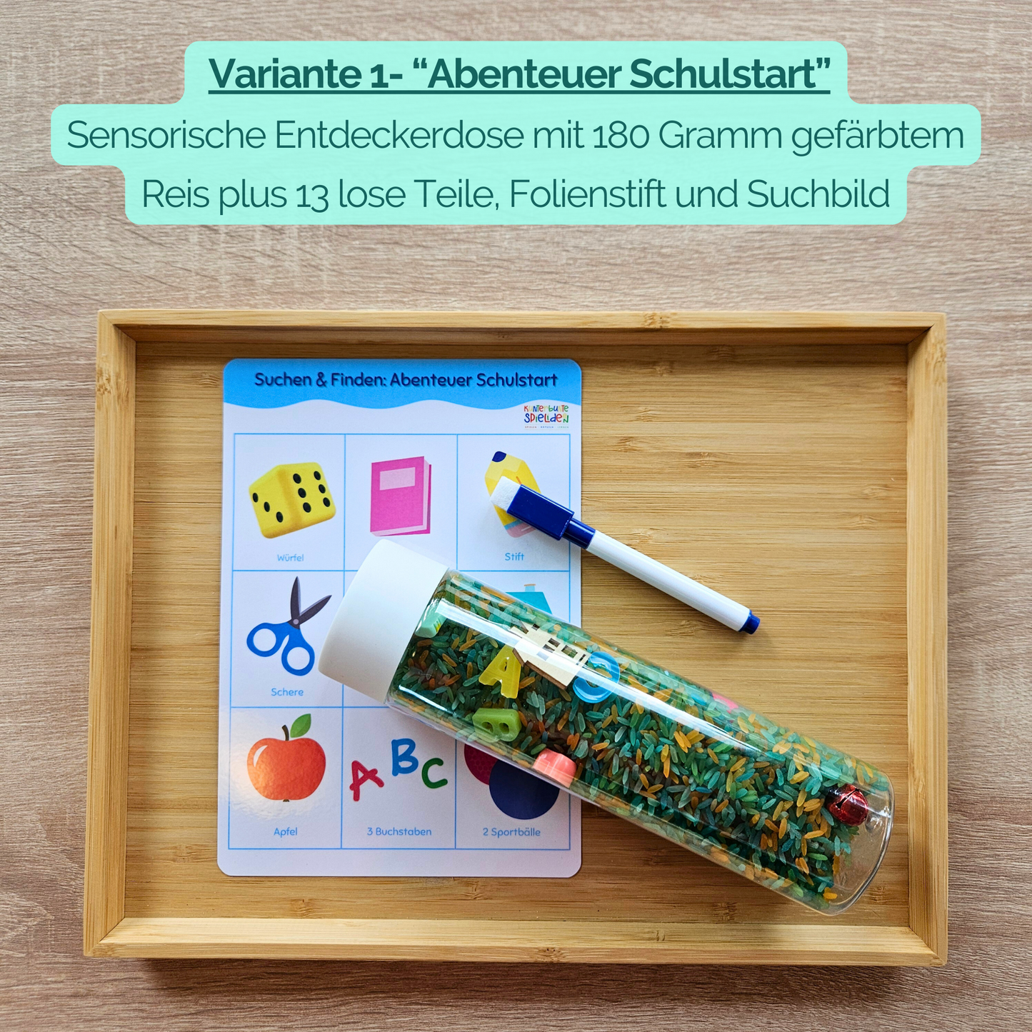 Sensorisches Spiel rund um Schule: Sensorikflasche mit Reis, Schulsymbole suchen und abhaken, ab 3 Jahren