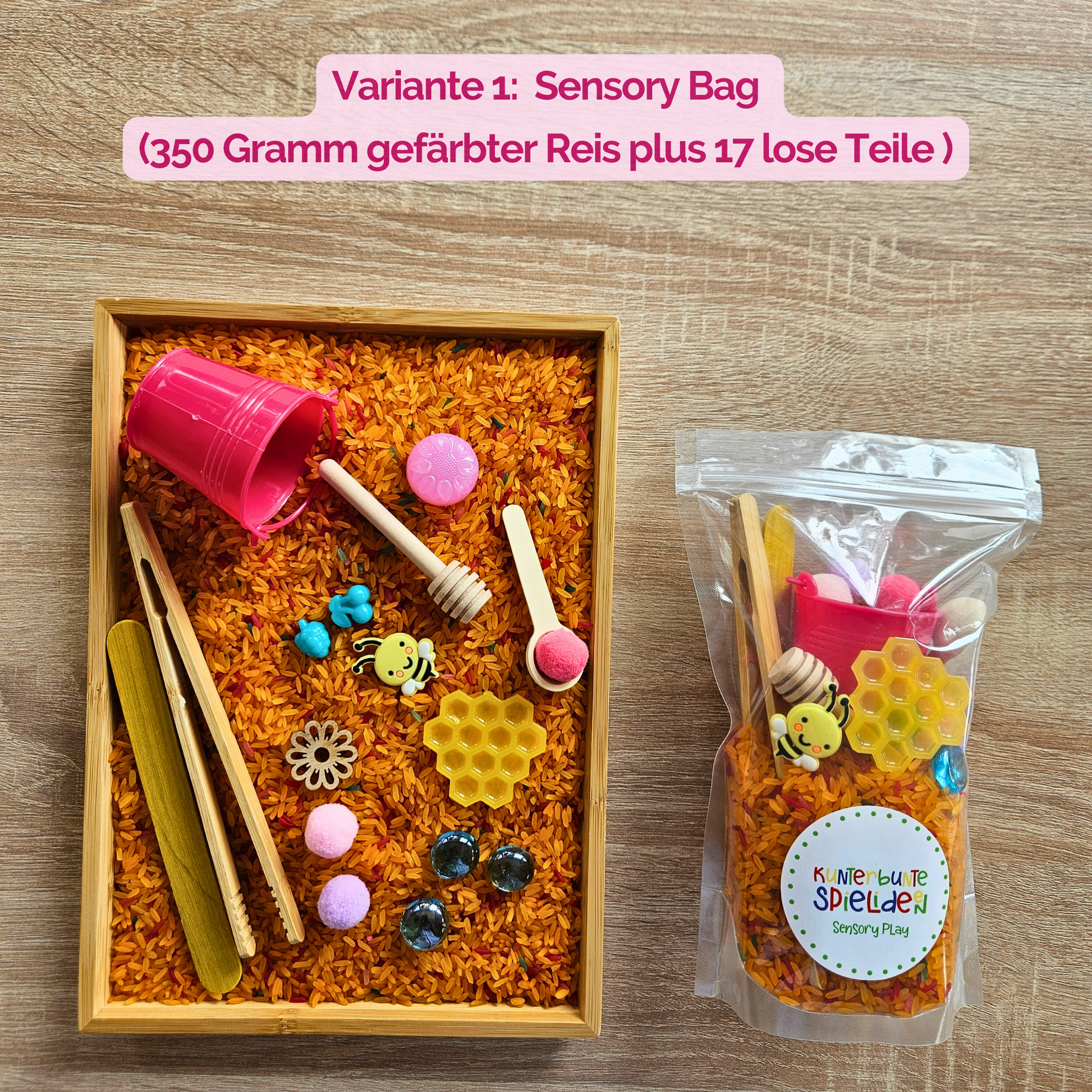 Sensorisches Spielset Biene und Honigwabe ab 3 Jahren – Holzwerkzeuge, handgegossene Resin-Teile und Sommer-Aktionstablett