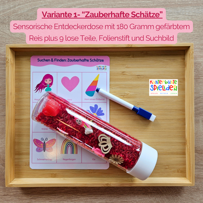Sensory Bottle mit sensorischem Reis in Rosa und Rot, Regenbogen und Bonbons als Suchspiel mit Suchbild