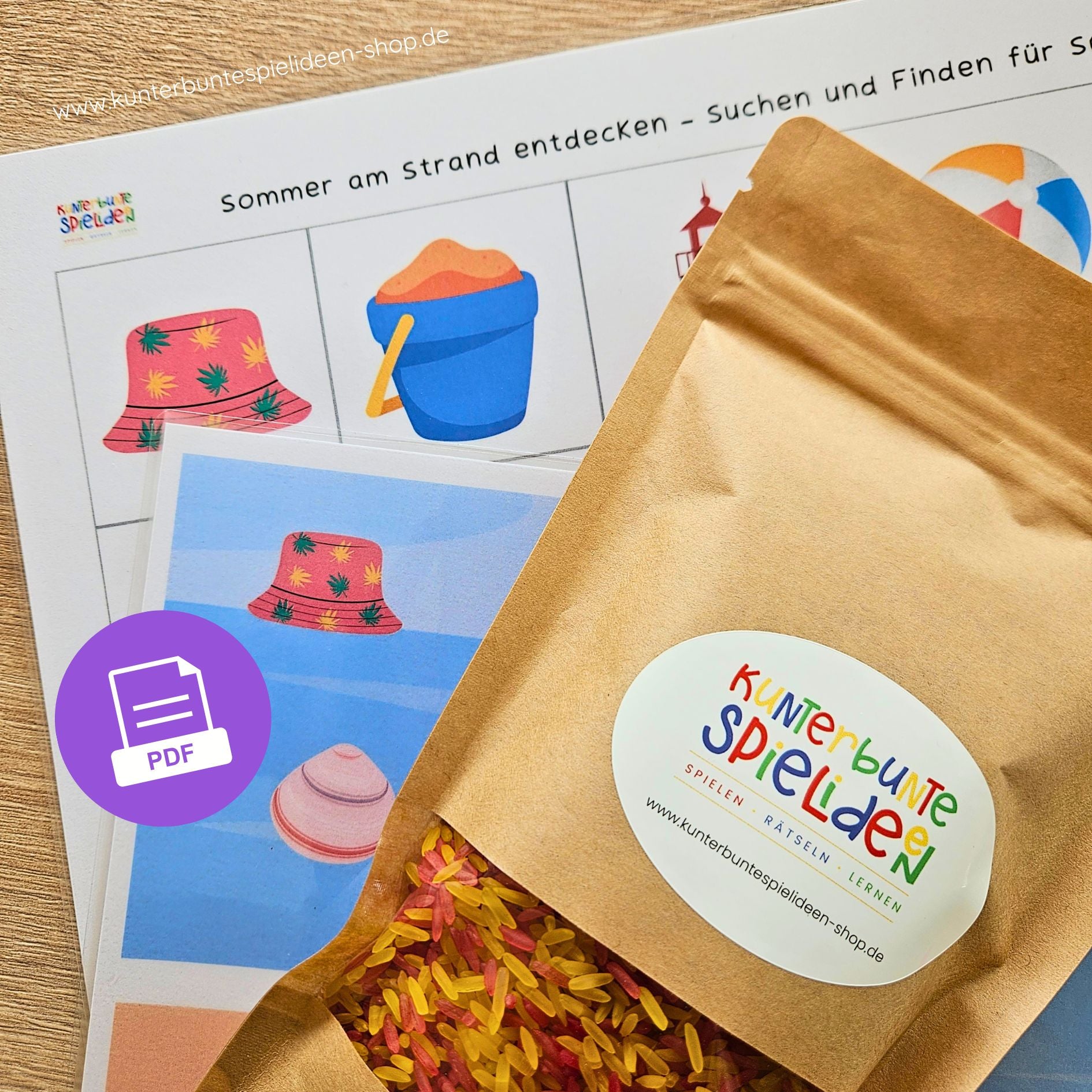 Montessori Suchspiel Sommer Druckvorlage – Kind arbeitet selbstständig mit Suchkarten und sensorischem Material