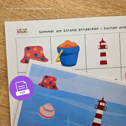 Suchbild Sommer Strand mit Suchkarten – Lernspiel für Kindergarten, Kita und Sprachförderung mit Artikeltraining