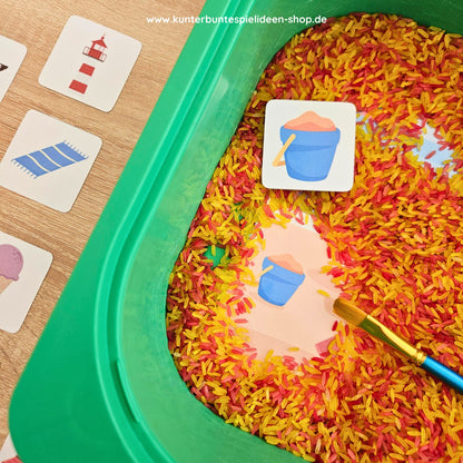 Suchbild Sommer Strand zum Ausdrucken als PDF mit Spielreis und Suchkarten – Suchen und Finden Spiel für Kinder ab 2 Jahren