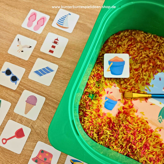 Suchspiel Sommer zum Ausdrucken für Kinder – Eis Motiv im sensorischen Spiel mit Reis entdecken und zuordnen