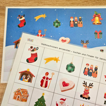 Weihnachtszeit entdecken: Suchen-&-Finden-Druckvorlage mit Karten – sensorisches Spiel ab 3; Logopädie-Material zum der/die/das-Üben.