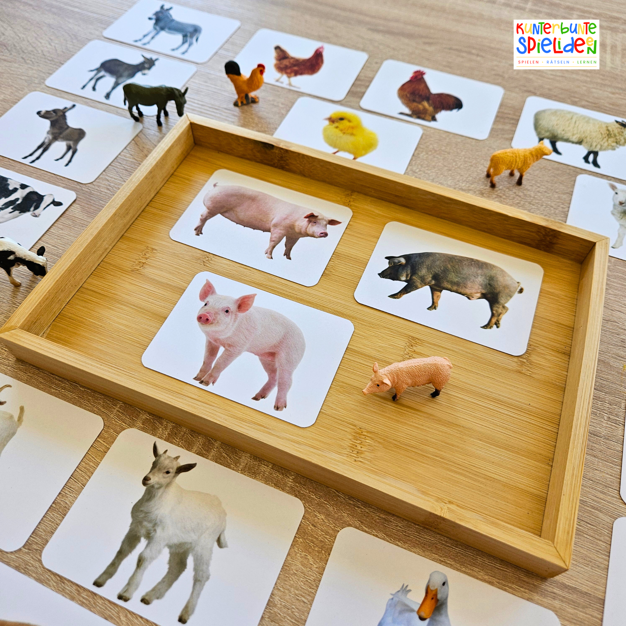 Tierfamilien Lernkarten Kinder Heimische Tiere Kuh Schwein Gans Schaf Ziege Huhn ente Esel Montessori Zuordnungsspiel Geschenk Aktionstablett Spielidee Geschenkidee Montessori Shop Tierkarten Memory 