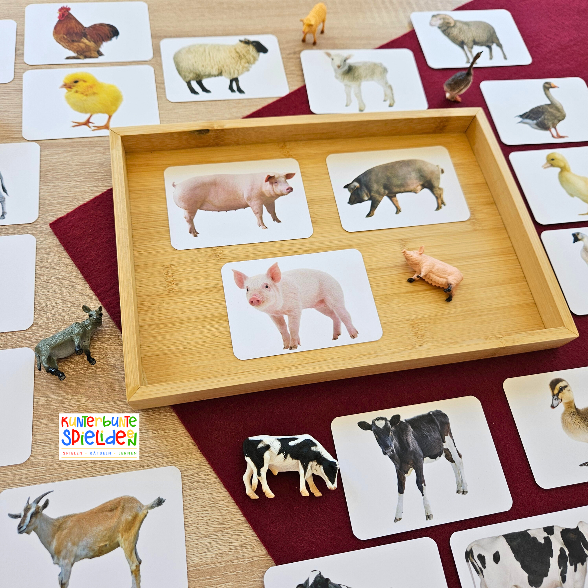 Tierfamilien Lernkarten Kinder Heimische Tiere Kuh Schwein Gans Schaf Ziege Huhn ente Esel Montessori Zuordnungsspiel Geschenk Aktionstablett Spielidee Geschenkidee Montessori Shop Tierkarten Memory 