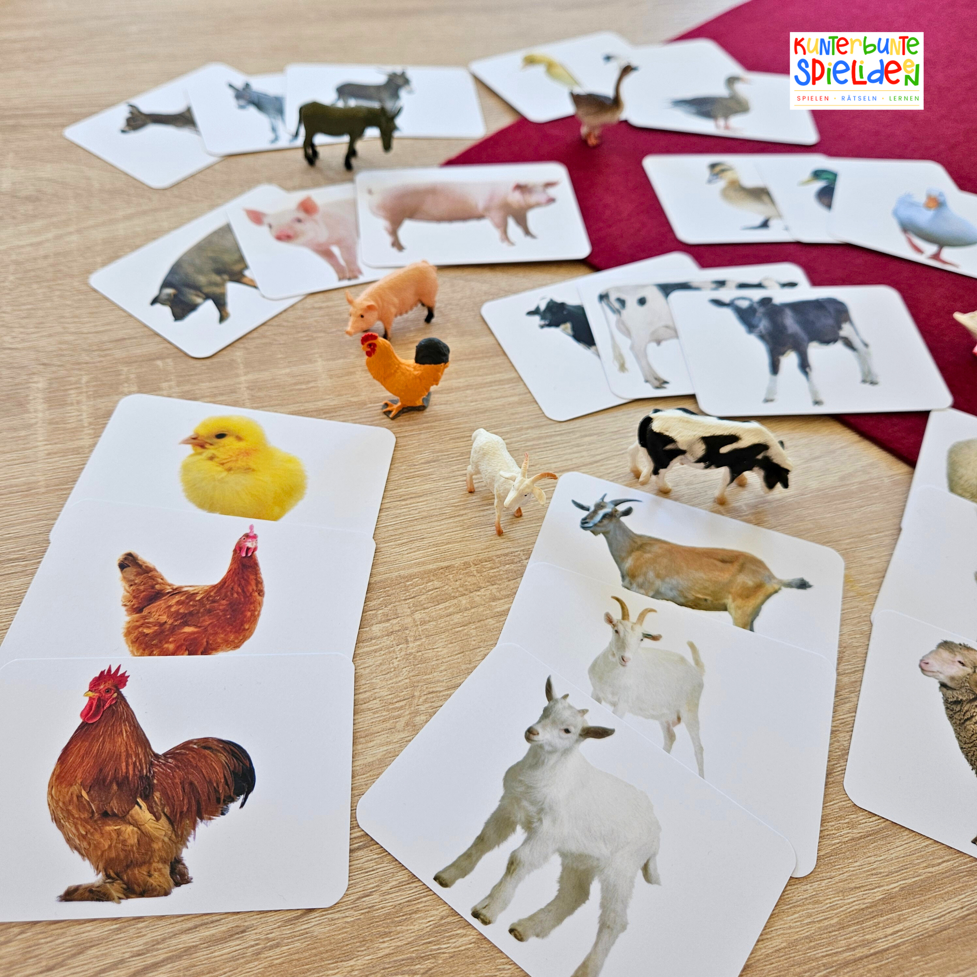 Tierfamilien Lernkarten Kinder Heimische Tiere Kuh Schwein Gans Schaf Ziege Huhn ente Esel Montessori Zuordnungsspiel Geschenk Aktionstablett Spielidee Geschenkidee Montessori Shop Tierkarten Memory 