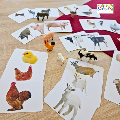 Tierfamilien Lernkarten Kinder Heimische Tiere Kuh Schwein Gans Schaf Ziege Huhn ente Esel Montessori Zuordnungsspiel Geschenk Aktionstablett Spielidee Geschenkidee Montessori Shop Tierkarten Memory 