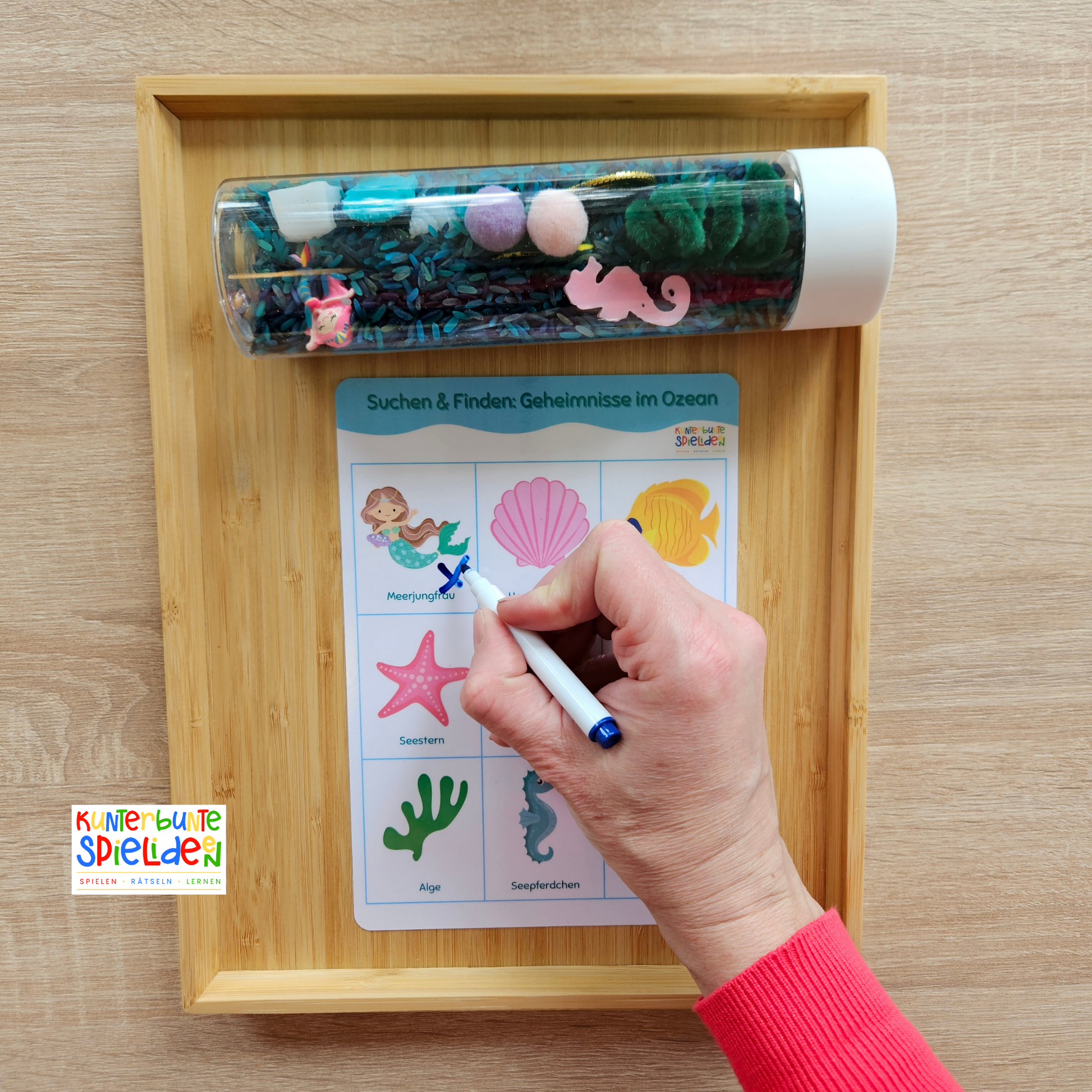 Unterwasser Suchspiel Kinder: Sensory Bottle mit Reis, Suchbild zum Abhaken, ruhige Beschäftigung ab 3