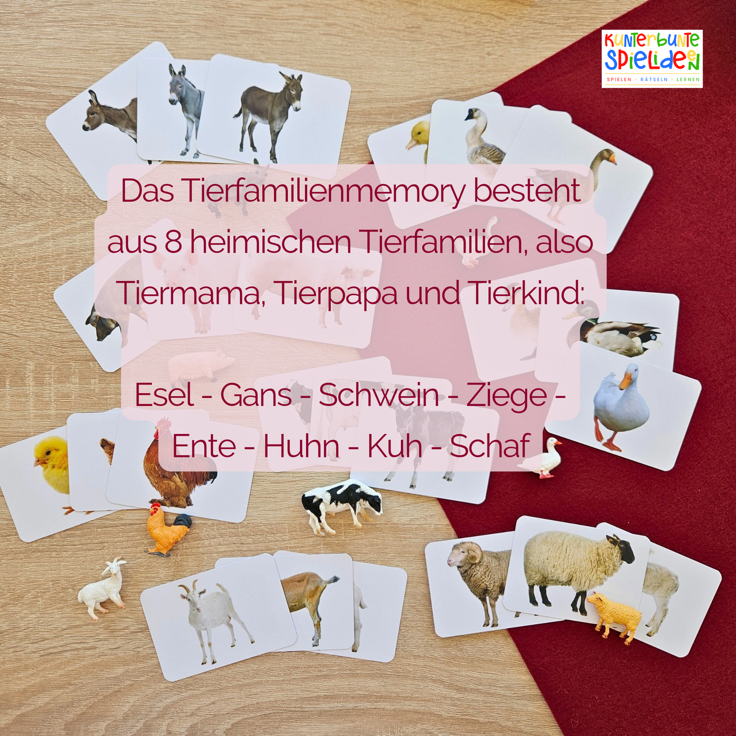 Tierfamilien Lernkarten Kinder Heimische Tiere Kuh Schwein Gans Schaf Ziege Huhn ente Esel Montessori Zuordnungsspiel Geschenk Aktionstablett Spielidee Geschenkidee Montessori Shop Tierkarten Memory 