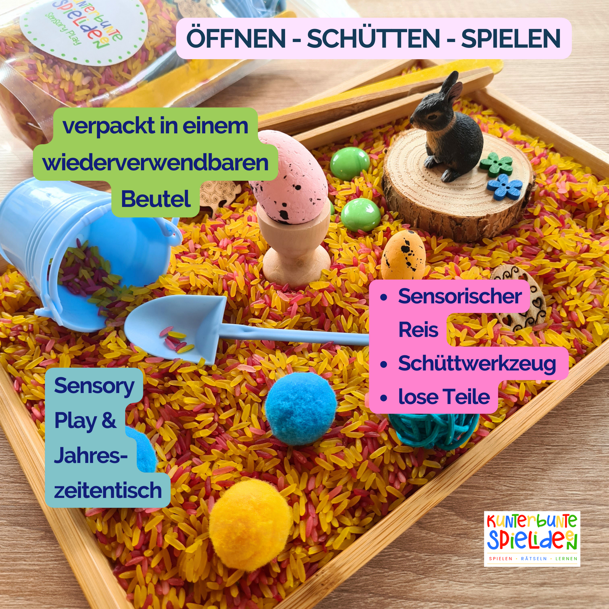 Ostern Sensory Play Geschenkidee Kleine Beschäftigung Montessori Spiel - Jahreszeitentisch / Schüttspiel Reis Frühling Sensorische Aktivität