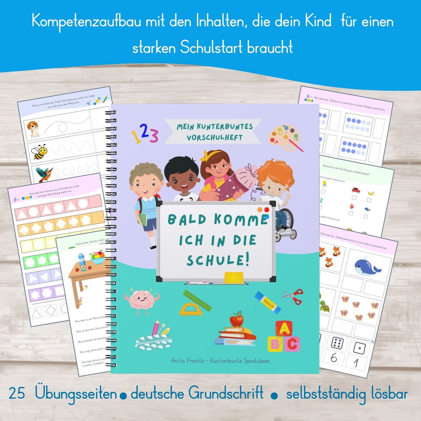 Enthalten sind 25 Arbeitsblätter mit abwechslungsreichen Übungen zu Zahlen, Mengen, Schwungübungen, Konzentration, logischem Denken sowie Schneiden, Kleben und Stiftführung.