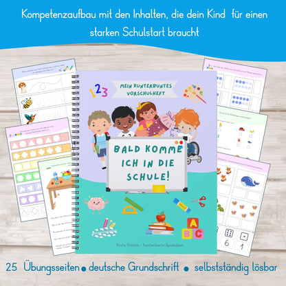 Enthalten sind 25 Arbeitsblätter mit abwechslungsreichen Übungen zu Zahlen, Mengen, Schwungübungen, Konzentration, logischem Denken sowie Schneiden, Kleben und Stiftführung.