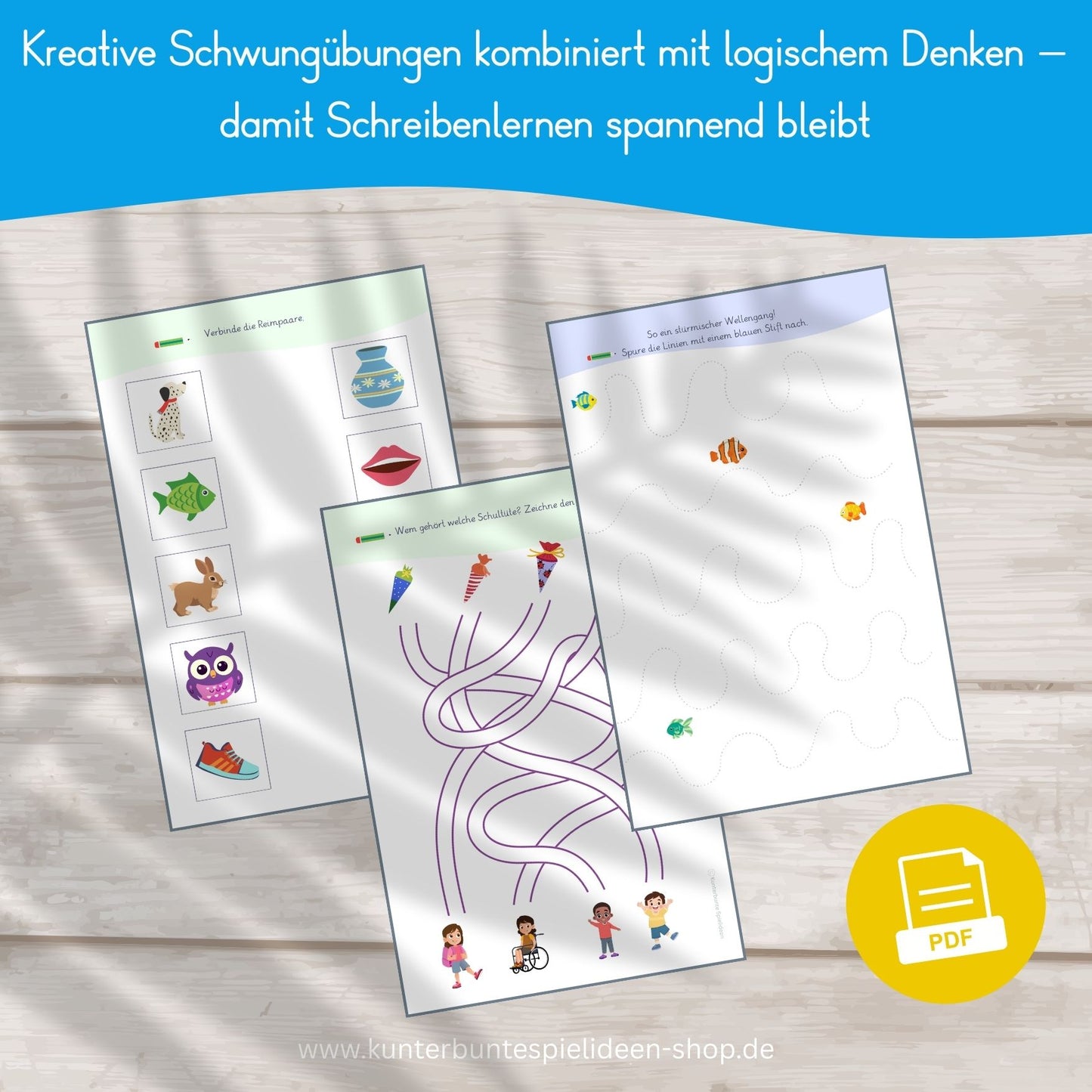 Vorschulübungen zum Ausdrucken mit kreativen Schwungübungen und logischem Denken zur Schreibvorbereitung für Kinder ab 5 Jahren
