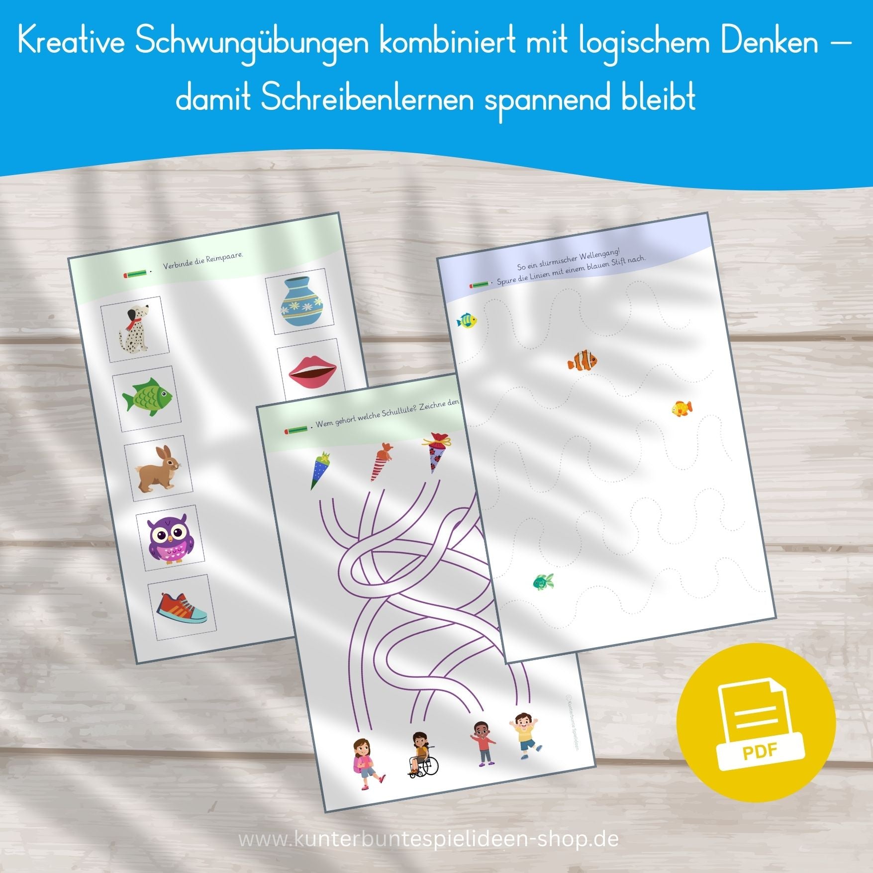 Vorschulübungen zum Ausdrucken mit kreativen Schwungübungen und logischem Denken zur Schreibvorbereitung für Kinder ab 5 Jahren