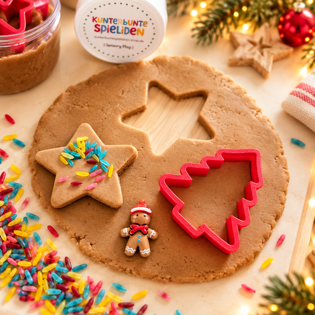 Weihnachtsknete in der Dose mit rotem Stern-Ausstecher und Lebkuchenfigur – kreatives Knetspiel für Kinder als Nikolausgeschenk oder Adventsüberraschung.