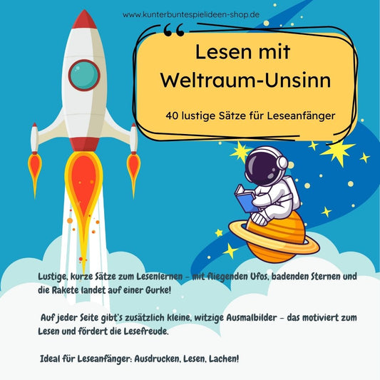 Lustiges Lesematerial mit tollen Quatschsätzen für Kinder – humorvolle Weltraum-Sätze und Arbeitsblätter zum Ausdrucken, ideal als Leseübung für Jungen und Mädchen in der 1. Klasse. Humor Übungsmaterial zum Lesen Lernen und Üben