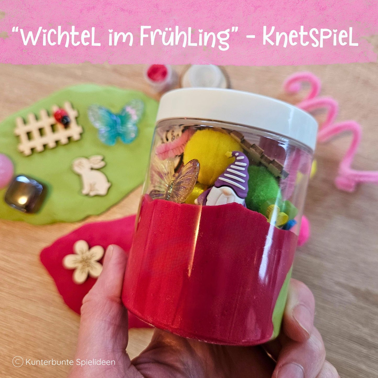 Frühlings Knetspiel als Geschenk ab 3 mit Wichtel-Figur zur Auswahl in lila oder gelb und liebevollen Deko-Elementen