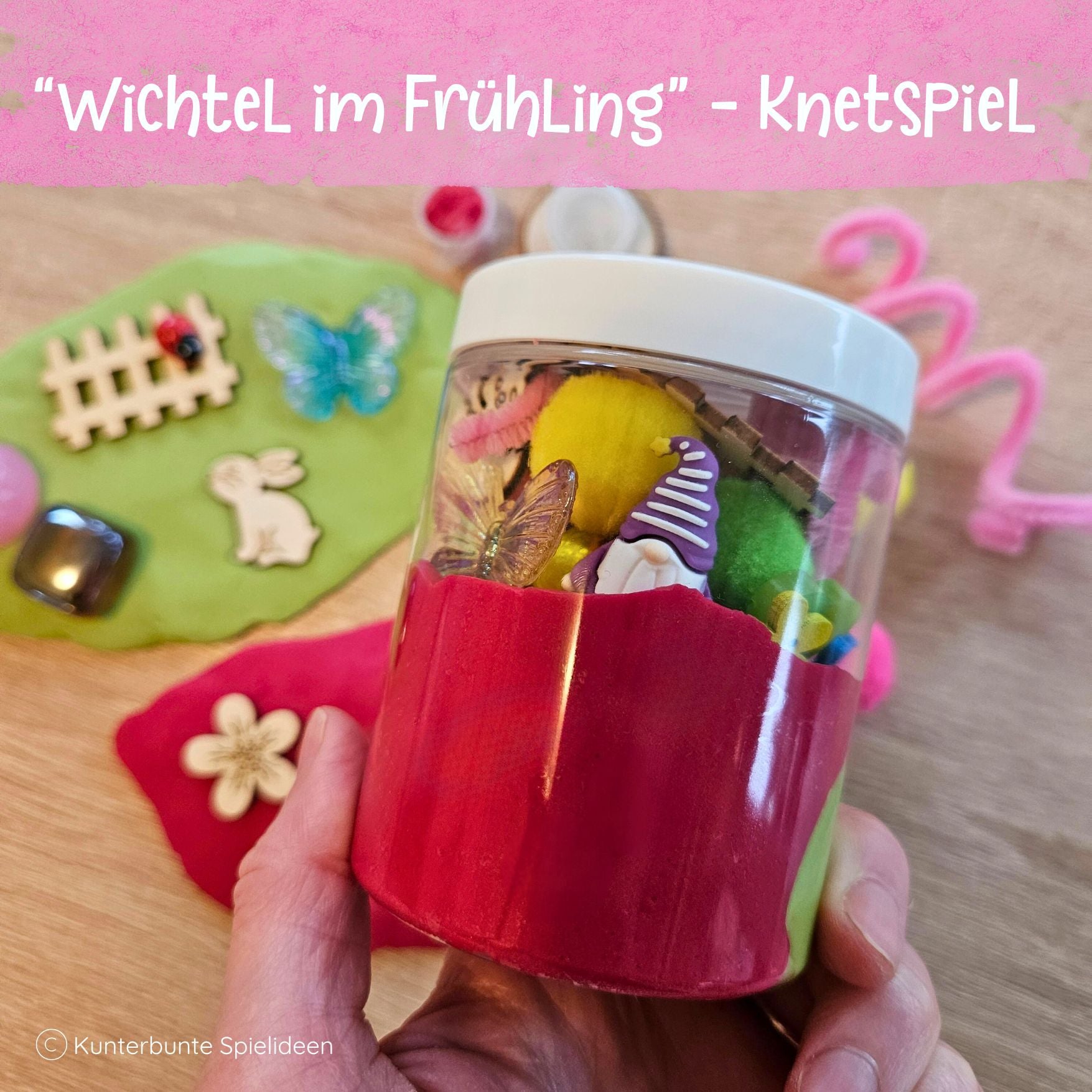 Frühlings Knetspiel als Geschenk ab 3 mit Wichtel-Figur zur Auswahl in lila oder gelb und liebevollen Deko-Elementen