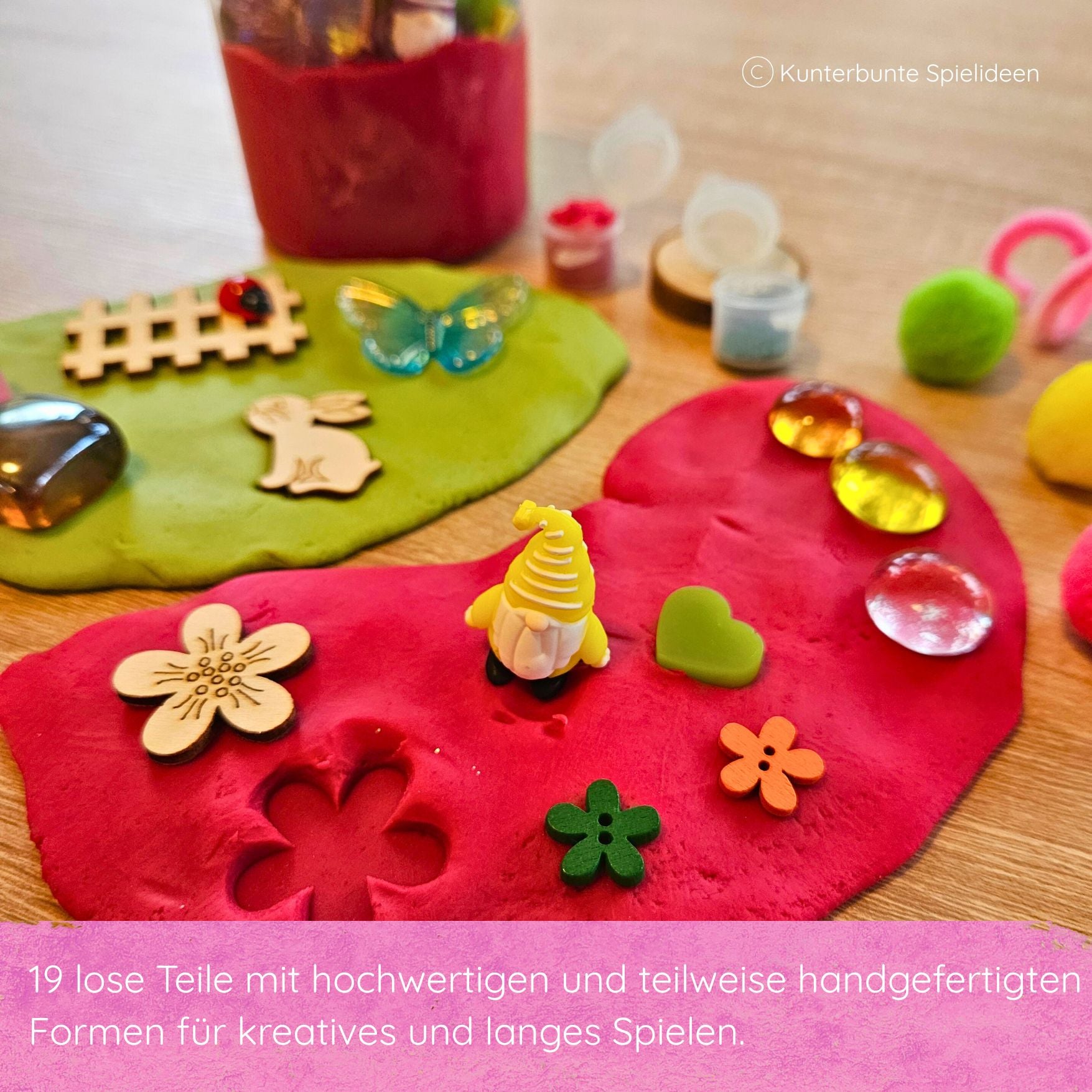 Sensorisches Knetspiel mit pinkem sensorischem Reis und pflanzlichem Glitzer separat verpackt für Eltern, die Glitzer dosieren möchten