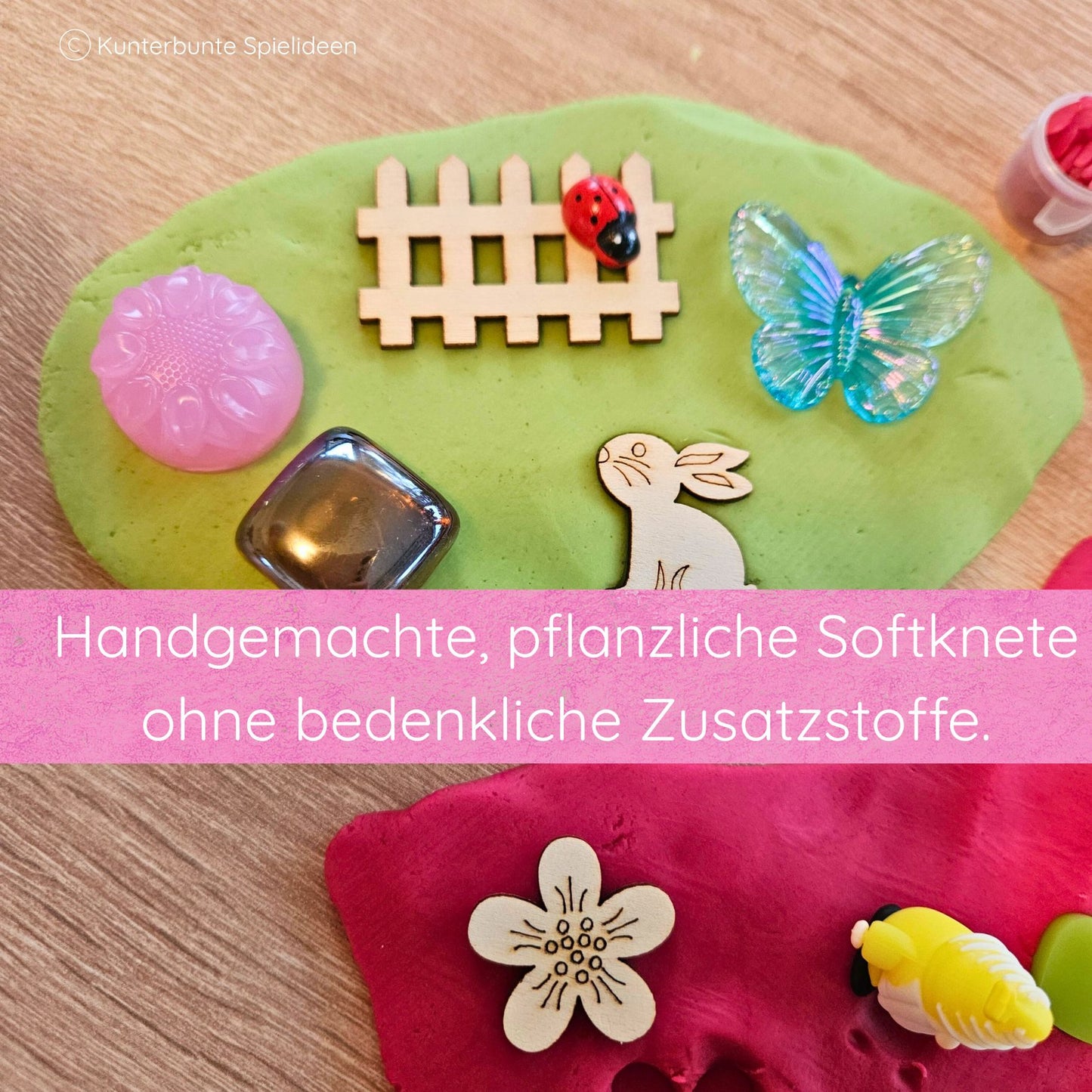 Wichtel Knetspiel für kreative Beschäftigung ab 3 Jahren mit Muggelsteinen, Pompons und frühlingshaften Holzstreuteilen