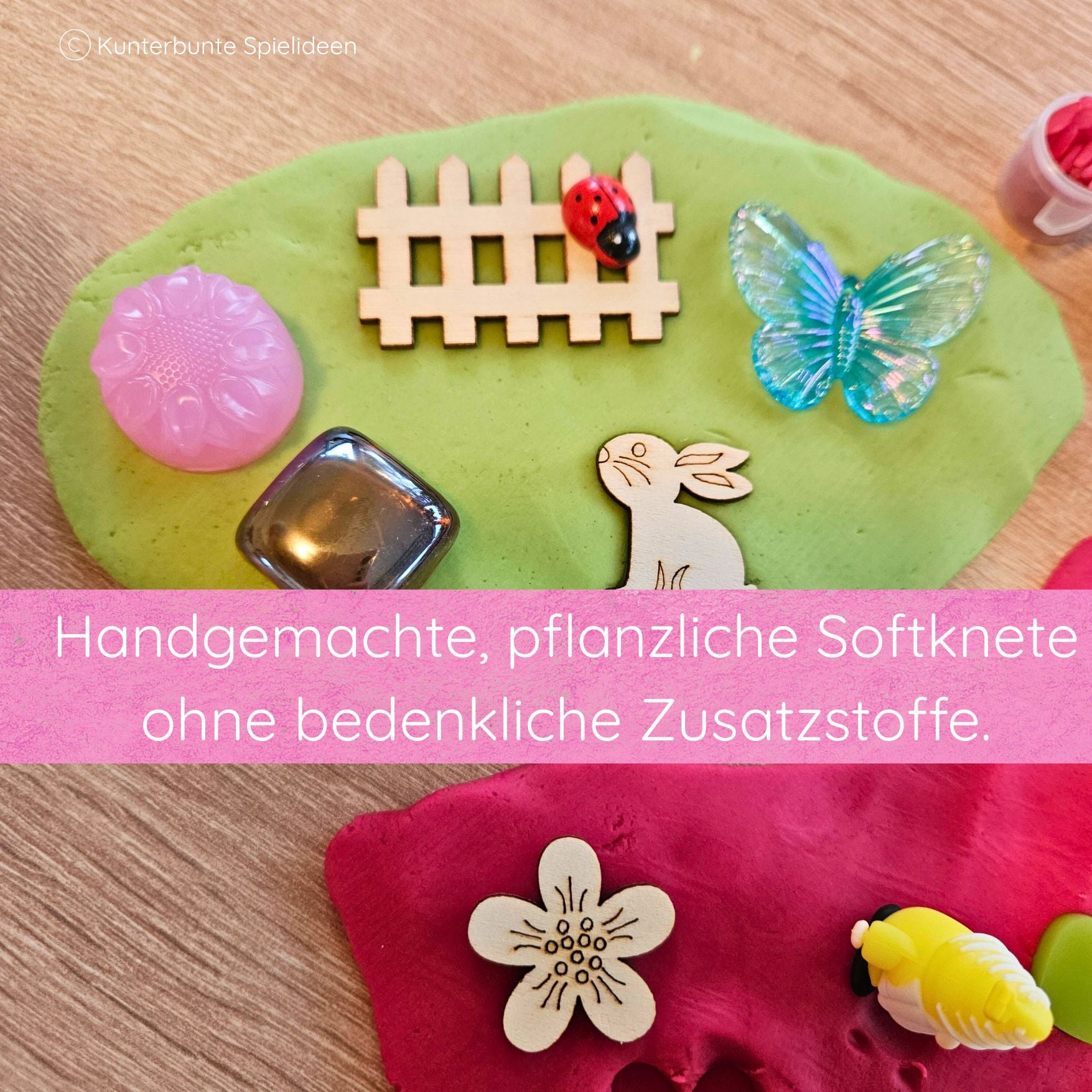 Wichtel Knetspiel für kreative Beschäftigung ab 3 Jahren mit Muggelsteinen, Pompons und frühlingshaften Holzstreuteilen