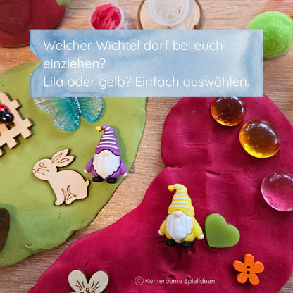 Frühlingshafte Wichtelwelt aus Knete gestalten mit Resin-Blume, Resin-Herz, Schmetterling und kleinen Holzblüten