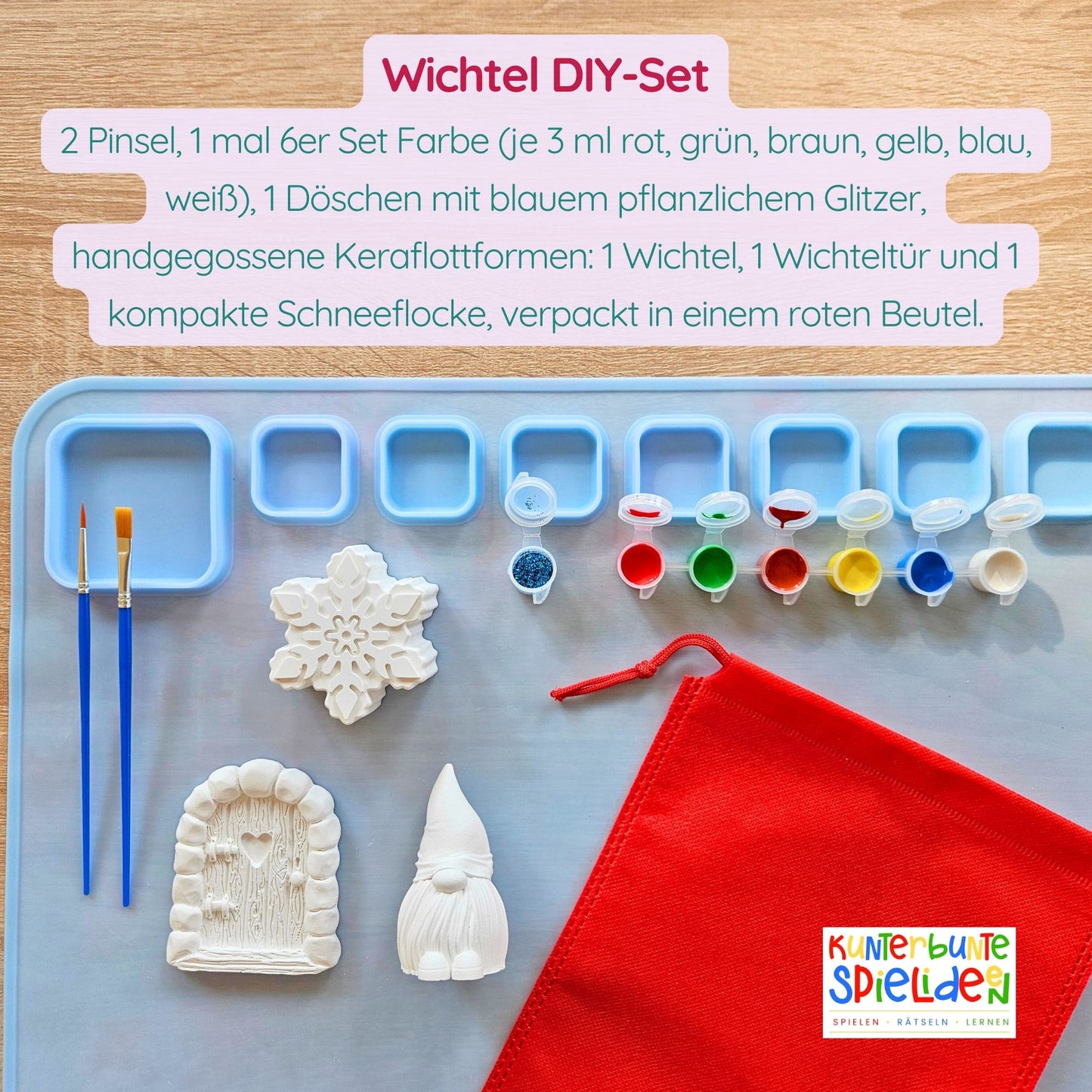 Wichtel Geschenkset Kreativset zum selbst gestalten mit Farbe und Glitzer und Pinsel Wichtel Wichteltür Schneeflocke