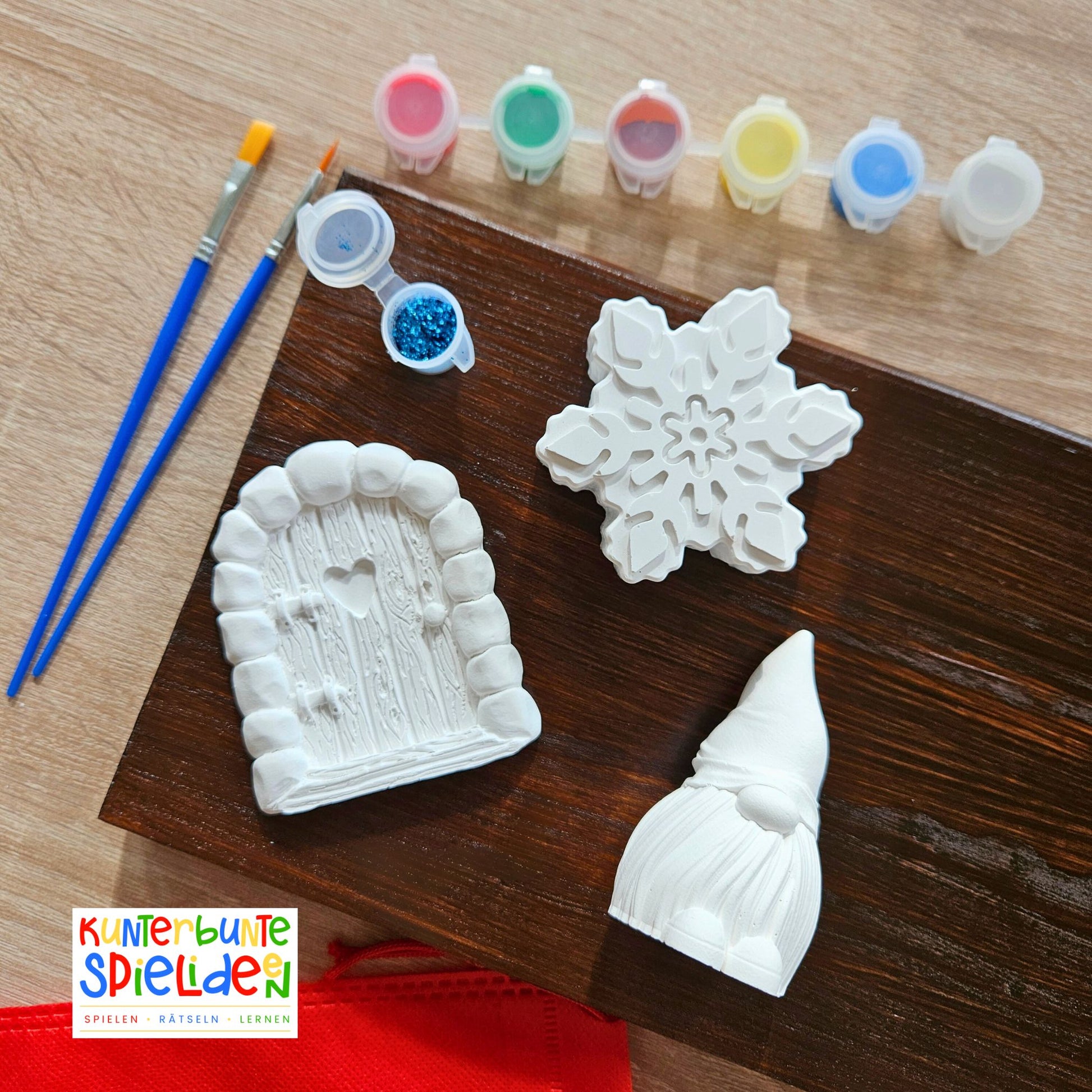 Wichtel Geschenkset Kreativset zum selbst gestalten mit Farbe und Glitzer und Pinsel Wichtel Wichteltür Schneeflocke