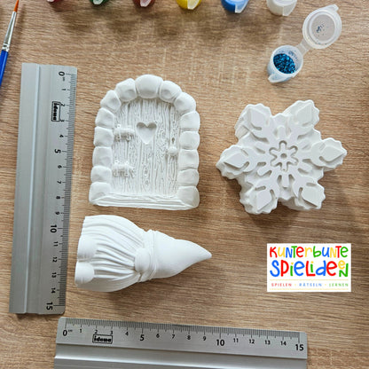 Wichtel Geschenkset Kreativset zum selbst gestalten mit Farbe und Glitzer und Pinsel Wichtel Wichteltür Schneeflocke