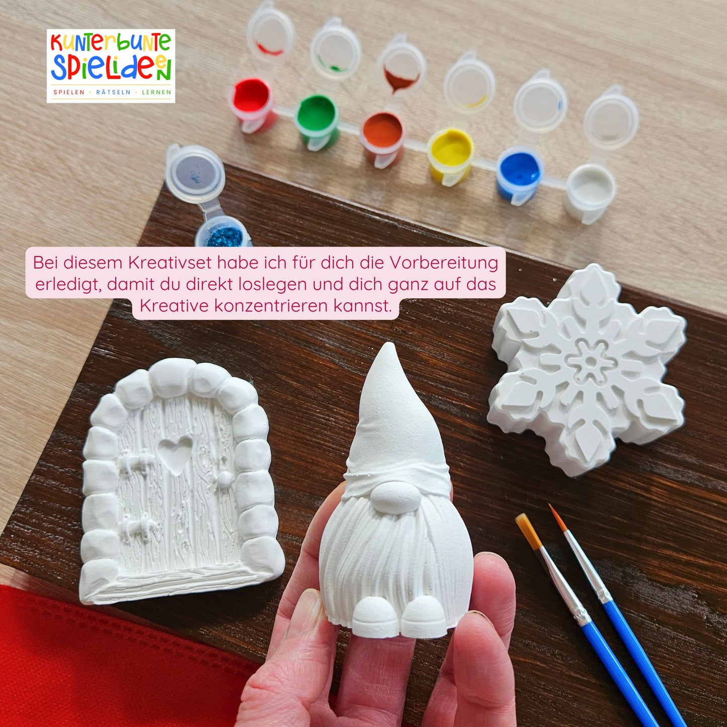 Wichtel Geschenkset Kreativset zum selbst gestalten mit Farbe und Glitzer und Pinsel Wichtel Wichteltür Schneeflocke