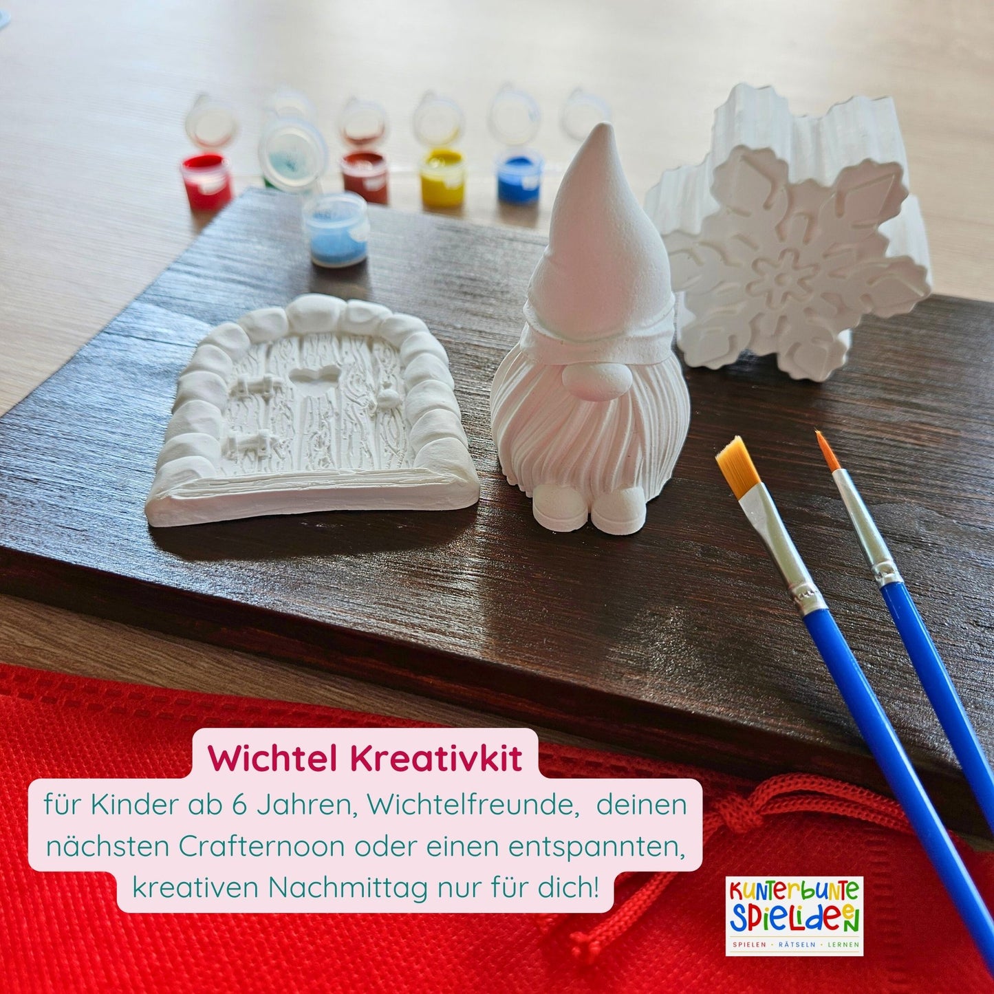 Wichtel Geschenkset Kreativset zum selbst gestalten mit Farbe und Glitzer und Pinsel Wichtel Wichteltür Schneeflocke
