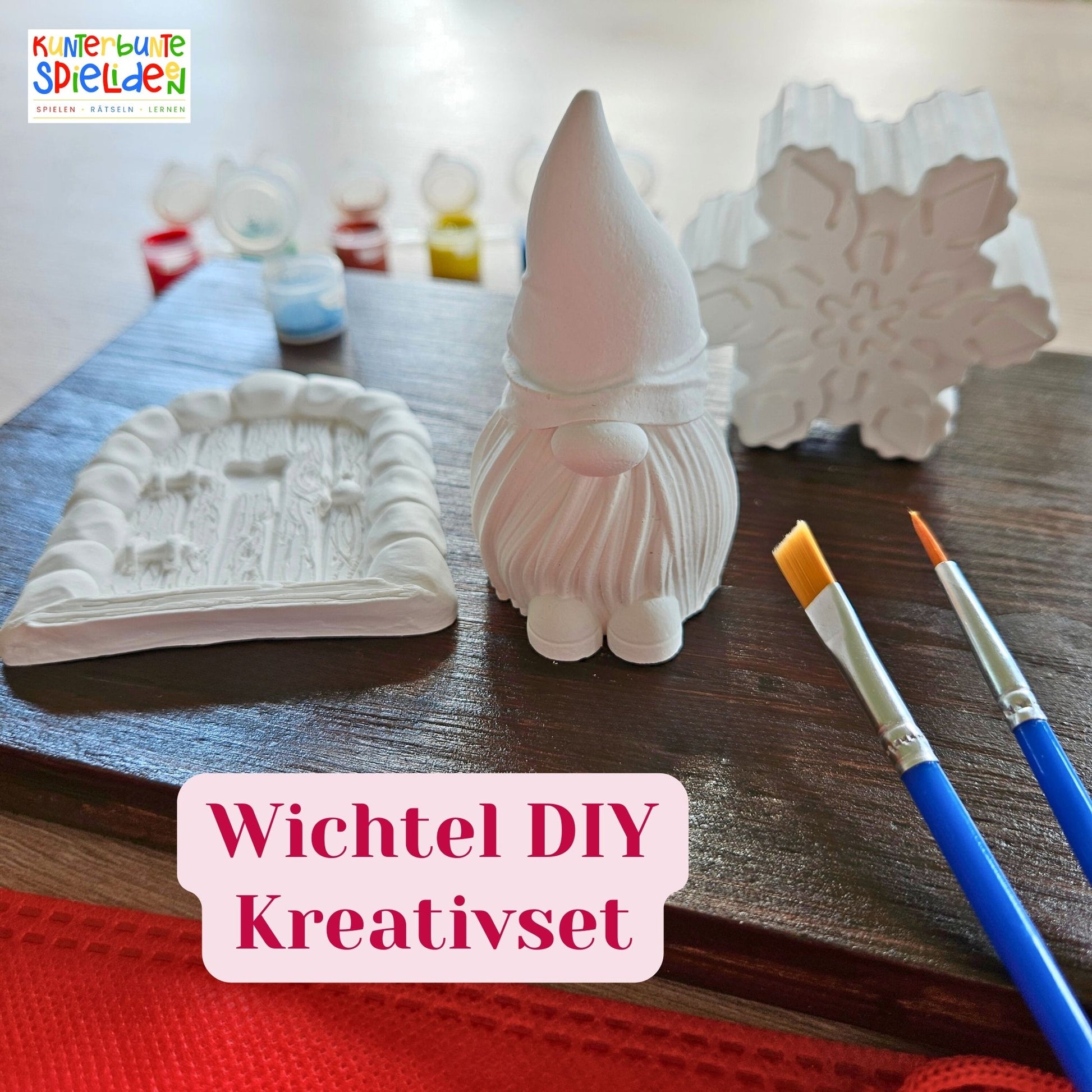 Wichtel Geschenkset Kreativset zum selbst gestalten mit Farbe und Glitzer und Pinsel Wichtel Wichteltür Schneeflocke