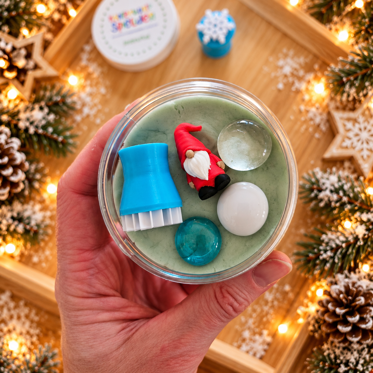Kleine Adventskalenderfüllung mit Knete: Hand hält die geöffnete Knetdose mit Wichtelfigur, blauem Stempel und winterlichen Muggelsteinen vor einer Schneeknete-Landschaft.