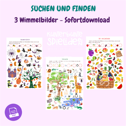 Fantasievolle und interaktive Wimmelbilder zum Herunterladen für Kinder ab 3 Jahren. Pädagogische Spiele, die kreatives Lernen fördern und Kinderunterhaltung bieten. Bildersuche  sofortdownload PDF