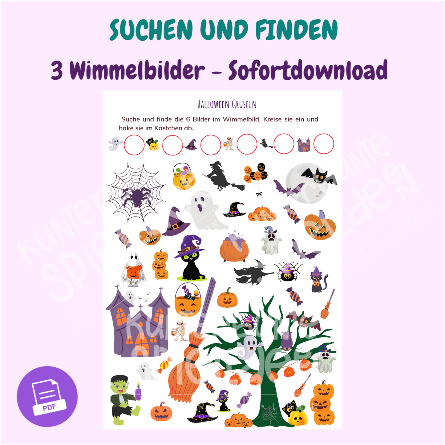 Fantasievolle und interaktive Wimmelbilder zum Herunterladen für Kinder ab 3 Jahren. Pädagogische Spiele, die kreatives Lernen fördern und Kinderunterhaltung bieten. Bildersuche  sofortdownload PDF