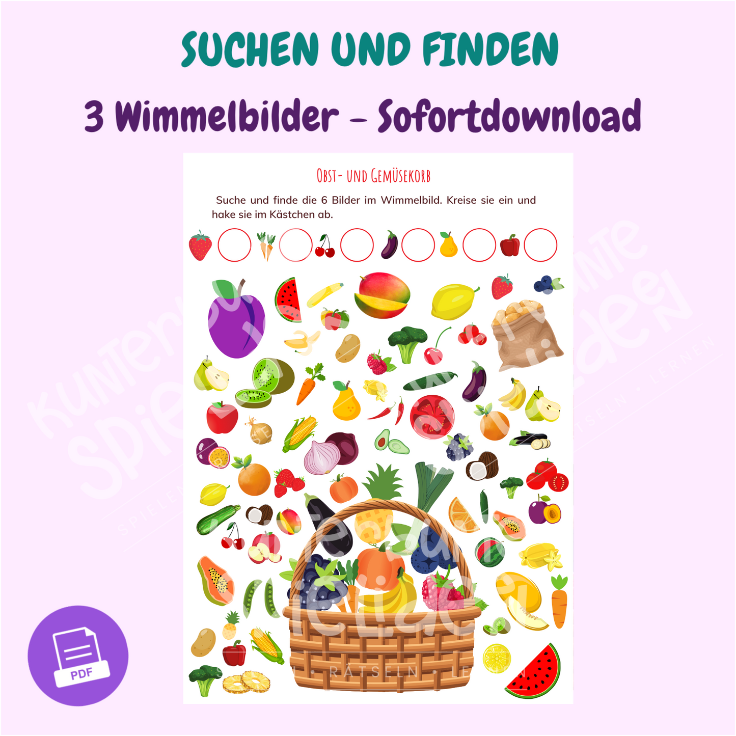 Fantasievolle und interaktive Wimmelbilder zum Herunterladen für Kinder ab 3 Jahren. Pädagogische Spiele, die kreatives Lernen fördern und Kinderunterhaltung bieten. Bildersuche  sofortdownload PDF