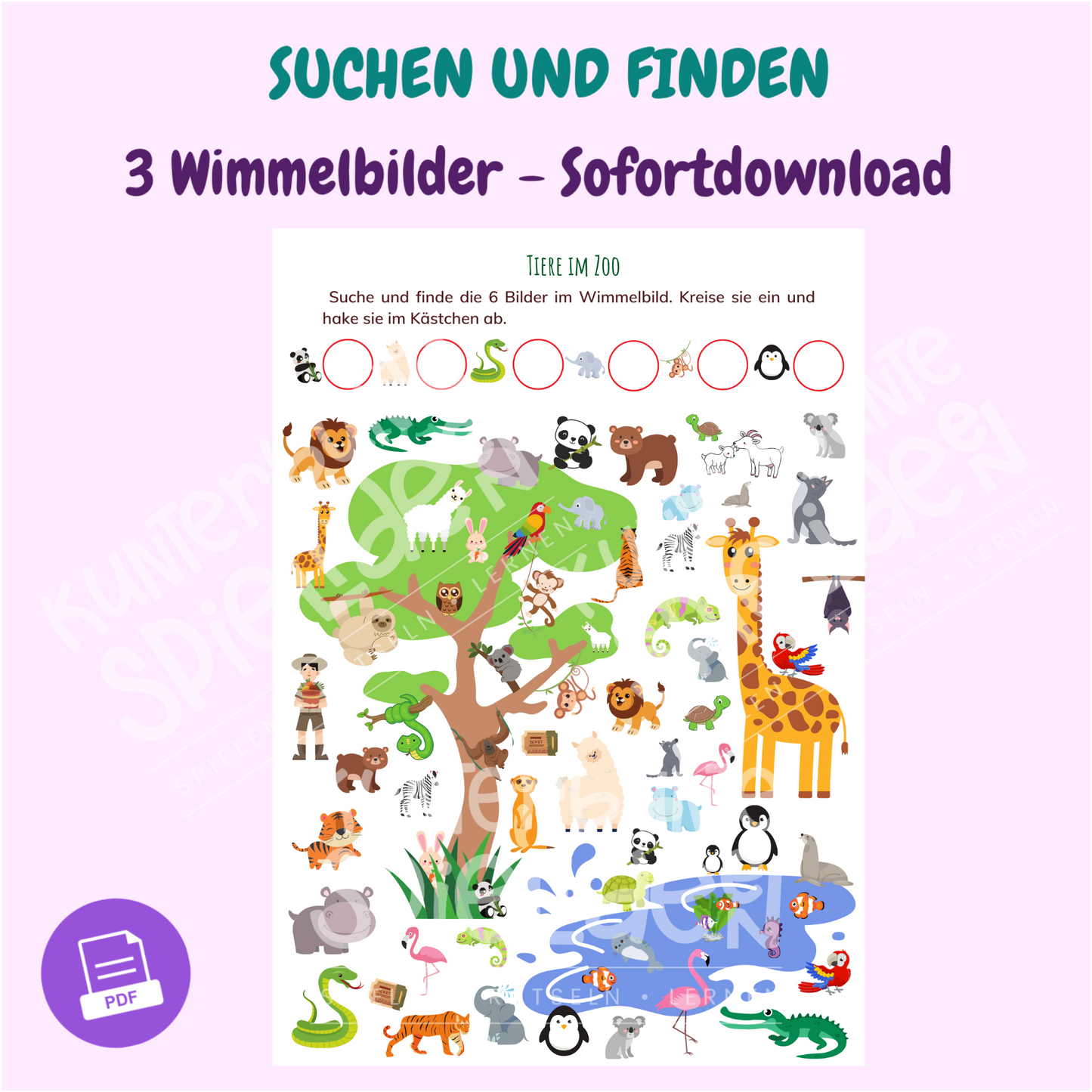 Fantasievolle und interaktive Wimmelbilder zum Herunterladen für Kinder ab 3 Jahren. Pädagogische Spiele, die kreatives Lernen fördern und Kinderunterhaltung bieten. Bildersuche  sofortdownload PDF