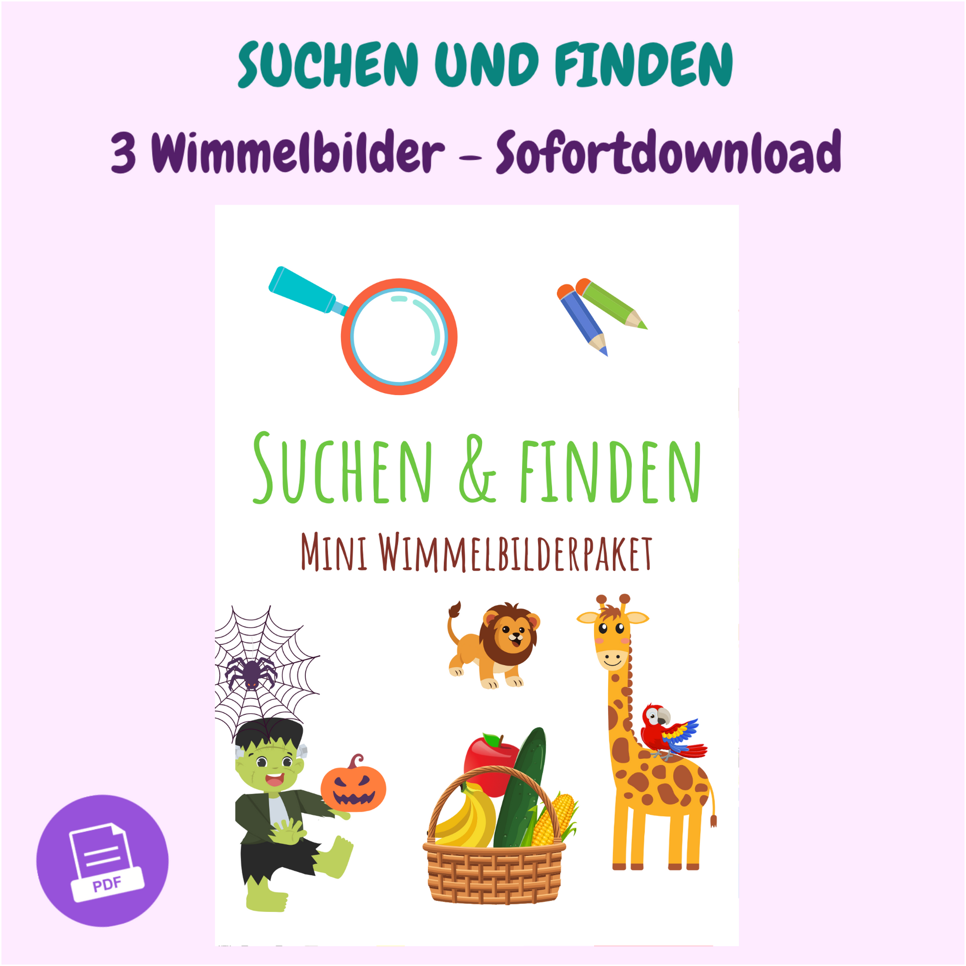 Fantasievolle und interaktive Wimmelbilder zum Herunterladen für Kinder ab 3 Jahren. Pädagogische Spiele, die kreatives Lernen fördern und Kinderunterhaltung bieten. Bildersuche  sofortdownload PDF