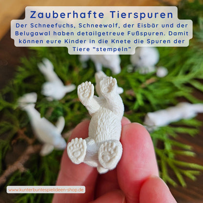 Detaillierte Tierspuren zum Stempeln in Softknete – Pfotenabdrücke von Eisbär, Schneewolf und Schneefuchs machen Winter-Welten lebendig; kreatives Knete-Zubehör als Adventskalender-sensorisches Spiel (sensory play) im Winter; ideale Adventskalender-Füllung, Wichtelgeschenk oder Nikolausgeschenk; fördert freie Montessori-Spielideen, Füllung oder kleines Nikolaus-Geschenk; Montessori-inspirierte Feinmotorik-Übung für Kinder ab 3–5 Jahren (unter 3 J. nur mit Aufsicht), handverlesene Qualität aus Deutschland